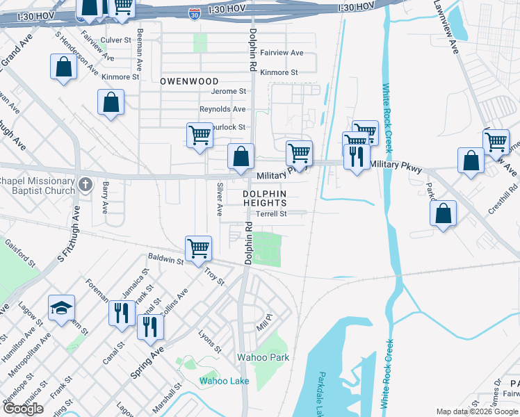 map of restaurants, bars, coffee shops, grocery stores, and more near 3435 Terrell Street in Dallas