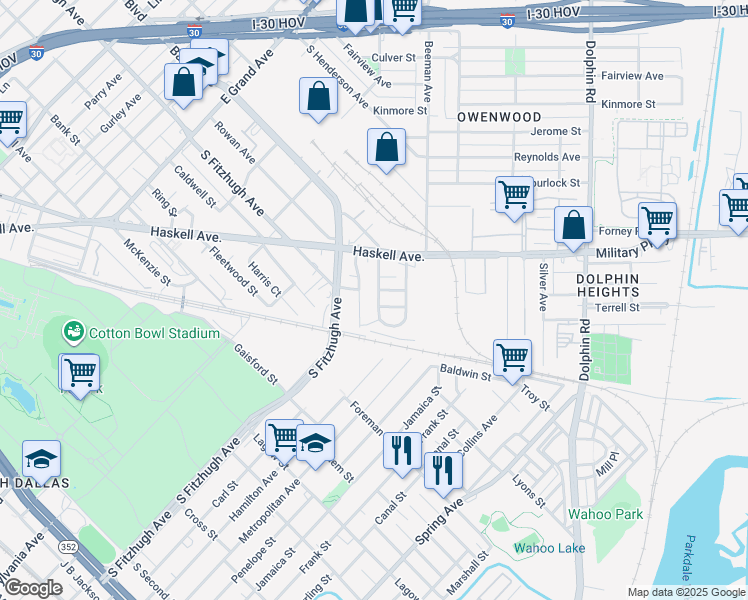 map of restaurants, bars, coffee shops, grocery stores, and more near 4422 Helen Street in Dallas