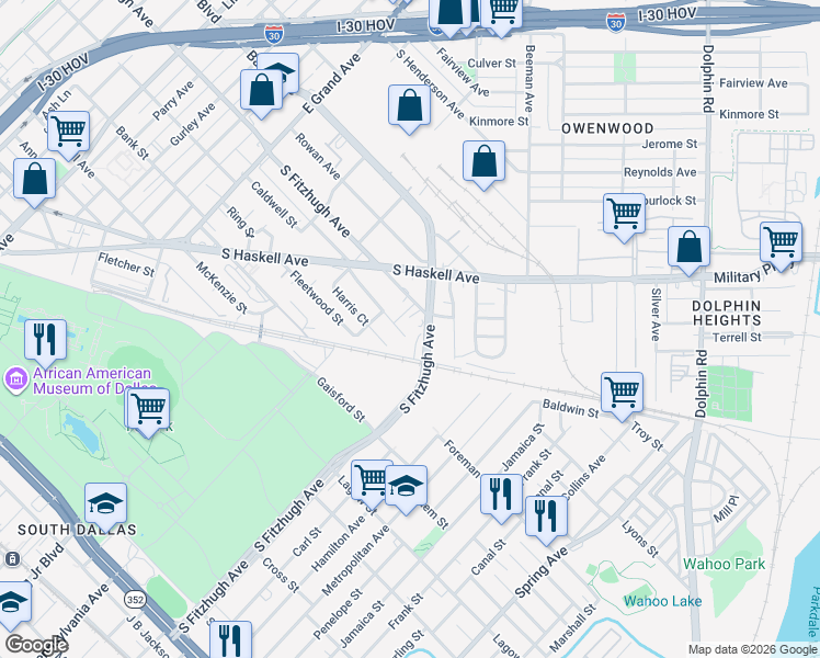 map of restaurants, bars, coffee shops, grocery stores, and more near 4527 Crosstown Expressway in Dallas