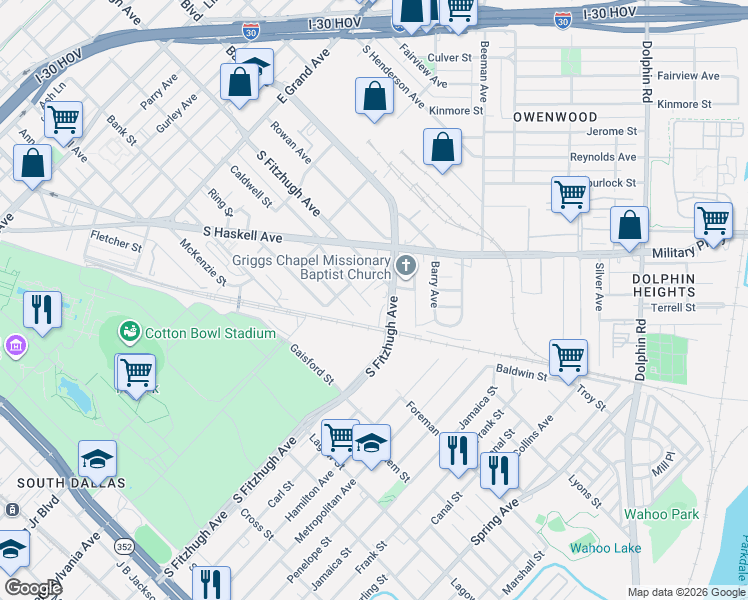 map of restaurants, bars, coffee shops, grocery stores, and more near 4527 Crosstown Expressway in Dallas