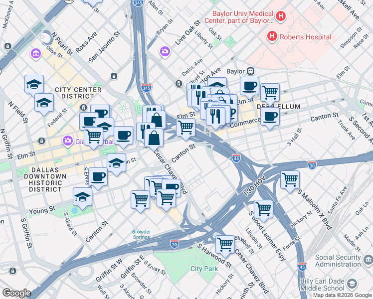 map of restaurants, bars, coffee shops, grocery stores, and more near 8 Farmers Market Way in Dallas