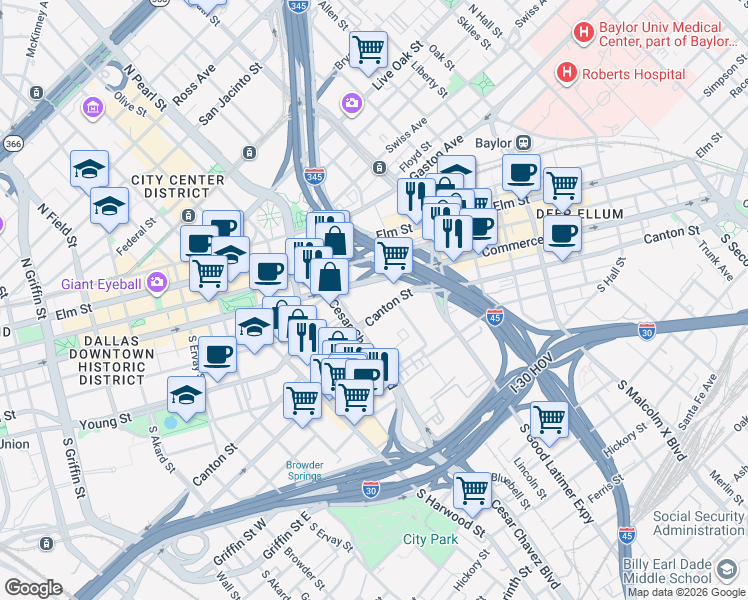 map of restaurants, bars, coffee shops, grocery stores, and more near 125 Canton Street in Dallas