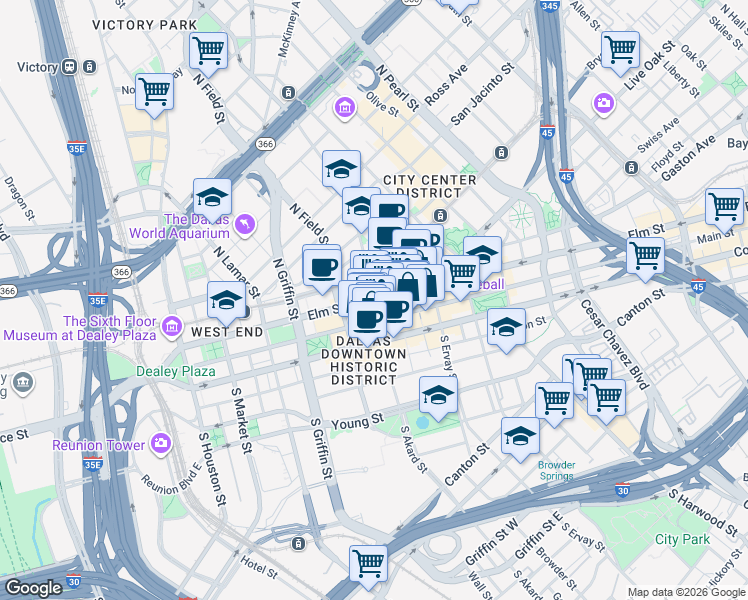 map of restaurants, bars, coffee shops, grocery stores, and more near 201 North Akard Street in Dallas