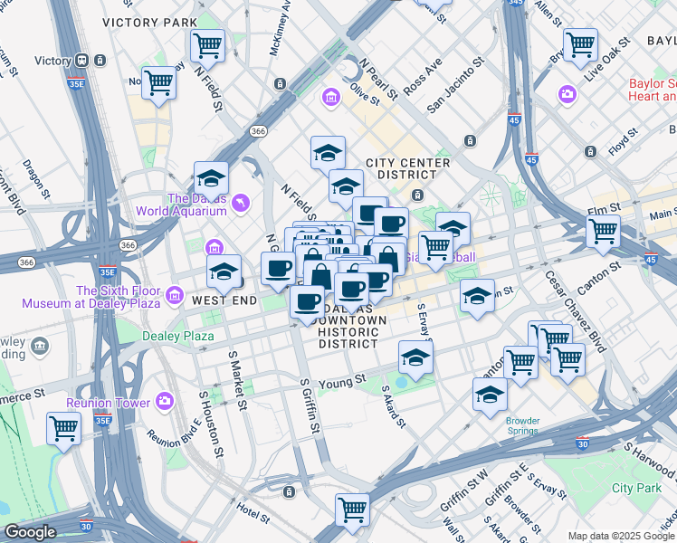 map of restaurants, bars, coffee shops, grocery stores, and more near 1306 Elm Street in Dallas