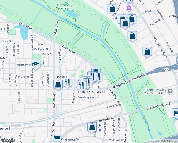 map of restaurants, bars, coffee shops, grocery stores, and more near 3215 Wake Street in Dallas