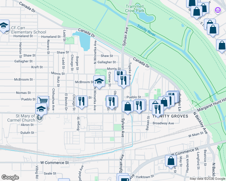 map of restaurants, bars, coffee shops, grocery stores, and more near 3215 Obenchain Street in Dallas