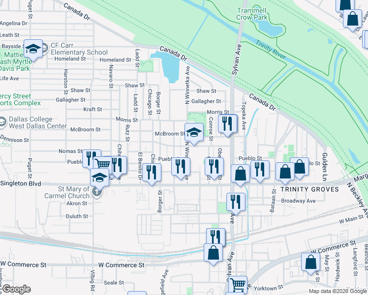 map of restaurants, bars, coffee shops, grocery stores, and more near 3215 North Winnetka Avenue in Dallas