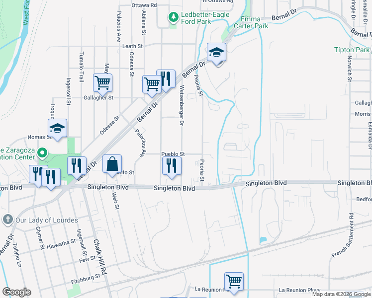 map of restaurants, bars, coffee shops, grocery stores, and more near 3202 Weisenberger Drive in Dallas