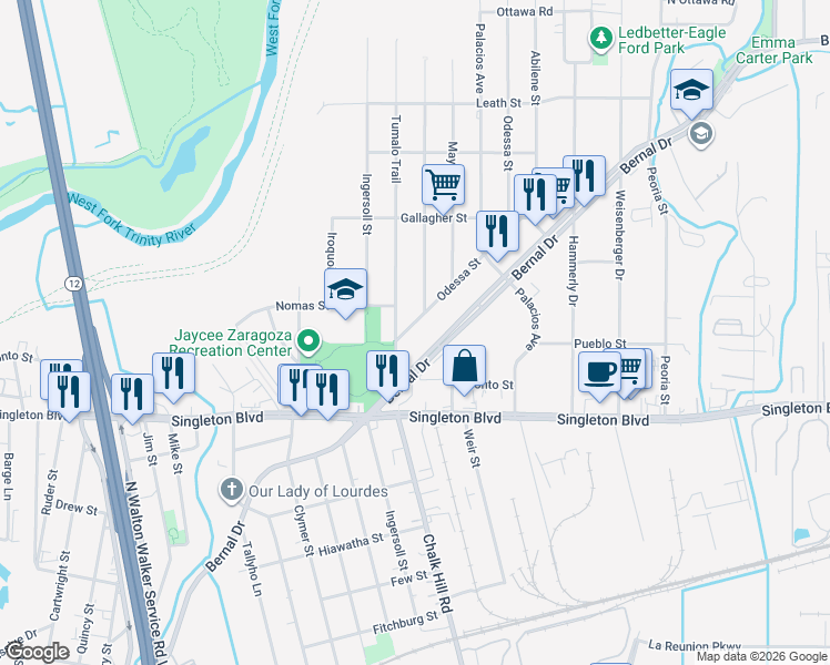 map of restaurants, bars, coffee shops, grocery stores, and more near 5021 Bernal Drive in Dallas