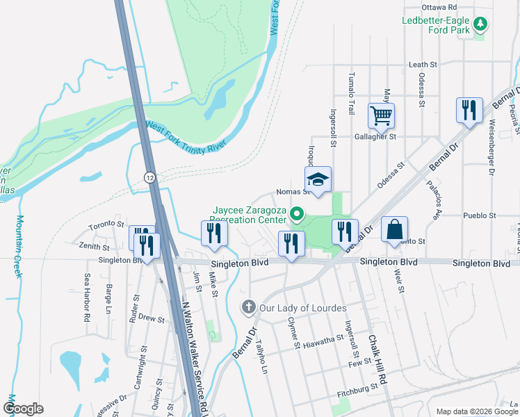 map of restaurants, bars, coffee shops, grocery stores, and more near 3215 Claibourne Boulevard in Dallas
