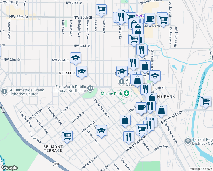 map of restaurants, bars, coffee shops, grocery stores, and more near in Fort Worth