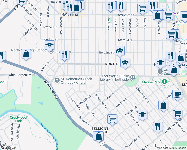 map of restaurants, bars, coffee shops, grocery stores, and more near 2000 Chestnut Avenue in Fort Worth