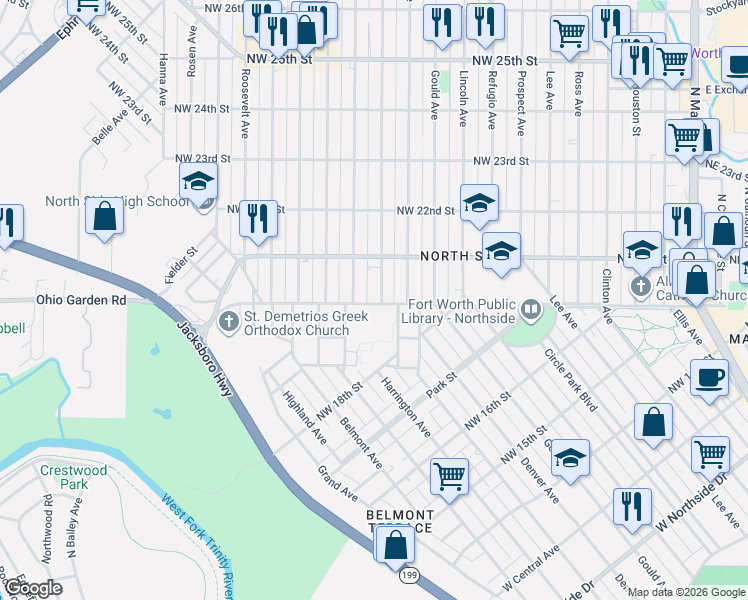 map of restaurants, bars, coffee shops, grocery stores, and more near 2000 Chestnut Avenue in Fort Worth