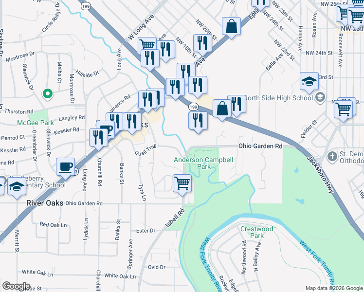 map of restaurants, bars, coffee shops, grocery stores, and more near 4308 Quail Trail in Fort Worth