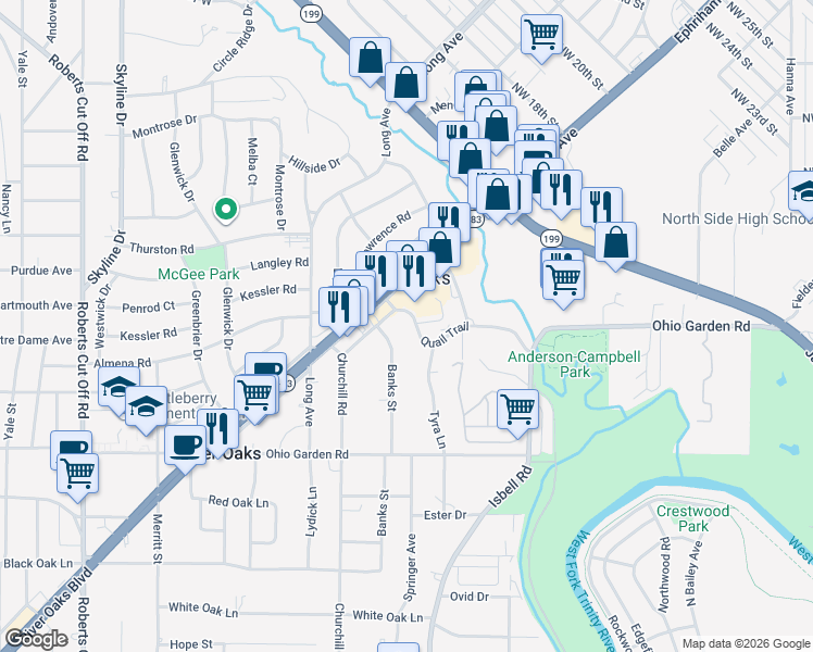 map of restaurants, bars, coffee shops, grocery stores, and more near 1320 Banks Street in Fort Worth
