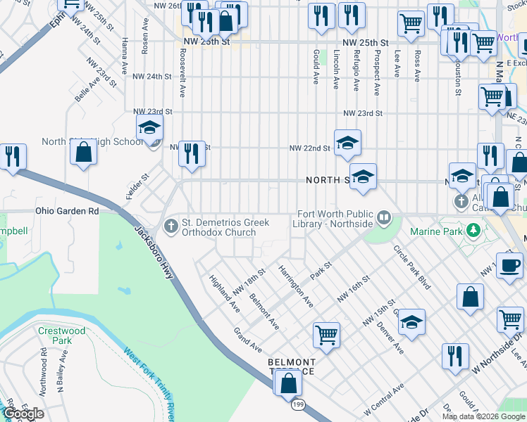 map of restaurants, bars, coffee shops, grocery stores, and more near 2000 Chestnut Avenue in Fort Worth