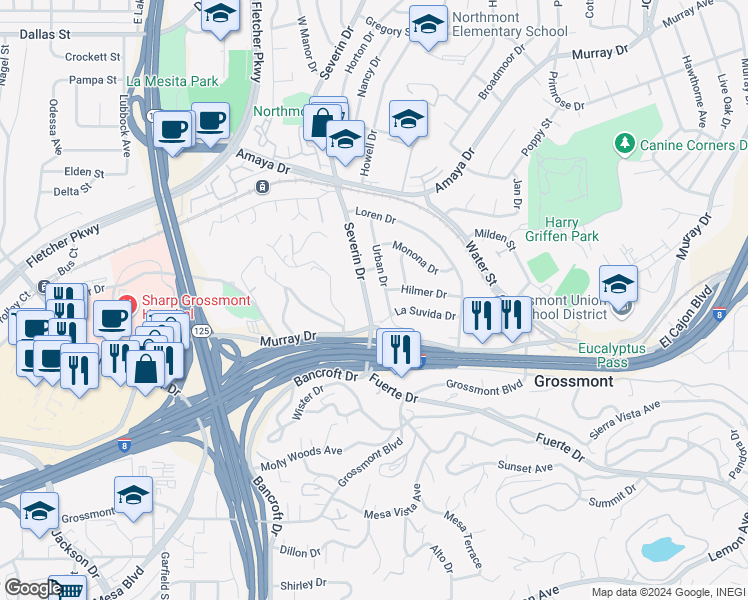 map of restaurants, bars, coffee shops, grocery stores, and more near 5645 Severin Drive in La Mesa
