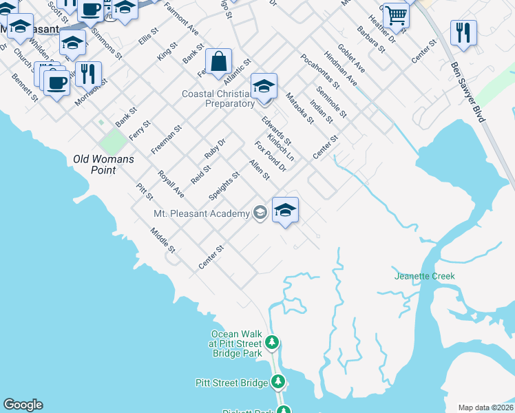 map of restaurants, bars, coffee shops, grocery stores, and more near 542 Center Street in Mount Pleasant