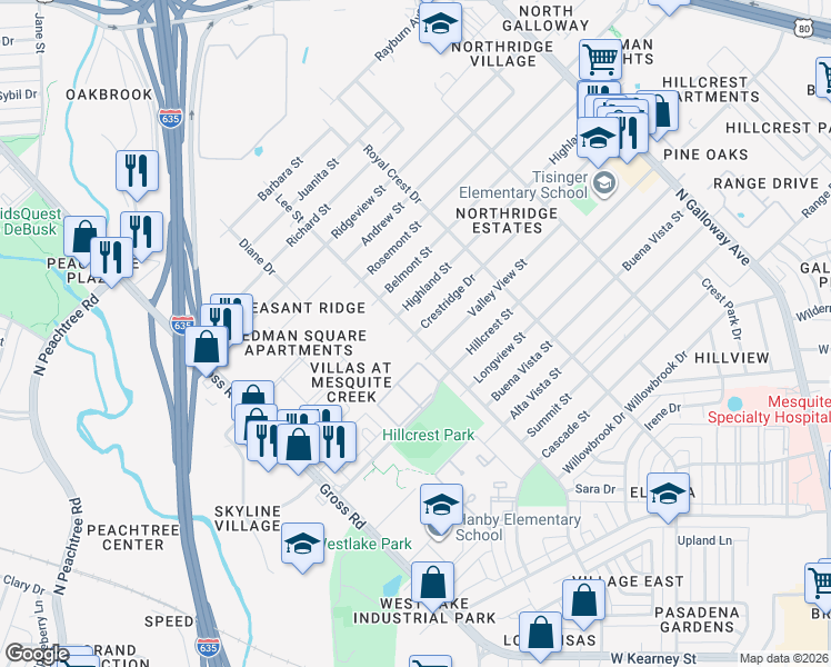 map of restaurants, bars, coffee shops, grocery stores, and more near 1811 Lee Street in Mesquite