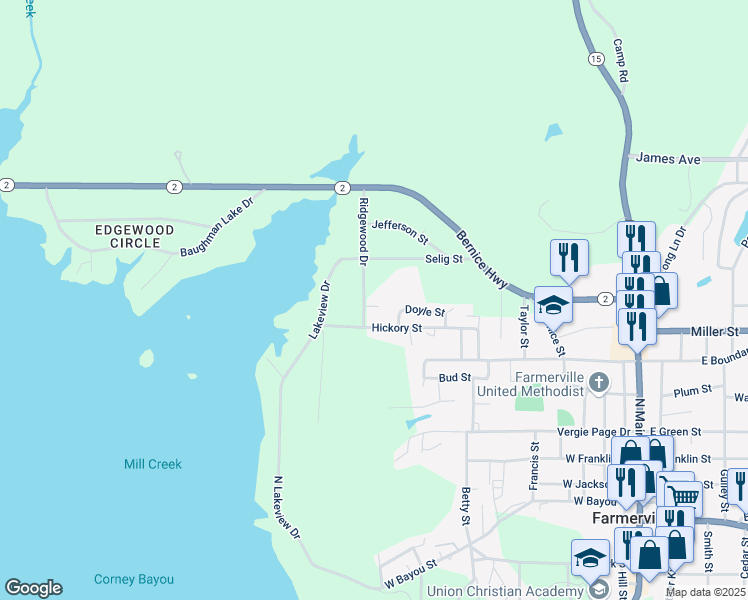 map of restaurants, bars, coffee shops, grocery stores, and more near 914 Ridgewood Circle in Farmerville