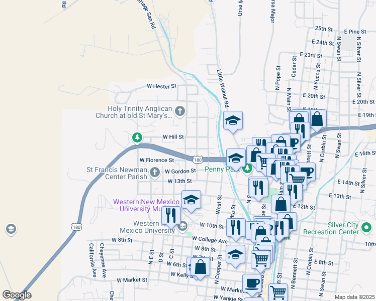 map of restaurants, bars, coffee shops, grocery stores, and more near 1508 North Alabama Street in Silver City