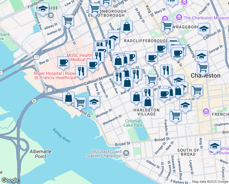 map of restaurants, bars, coffee shops, grocery stores, and more near 109 Bull Street in Charleston