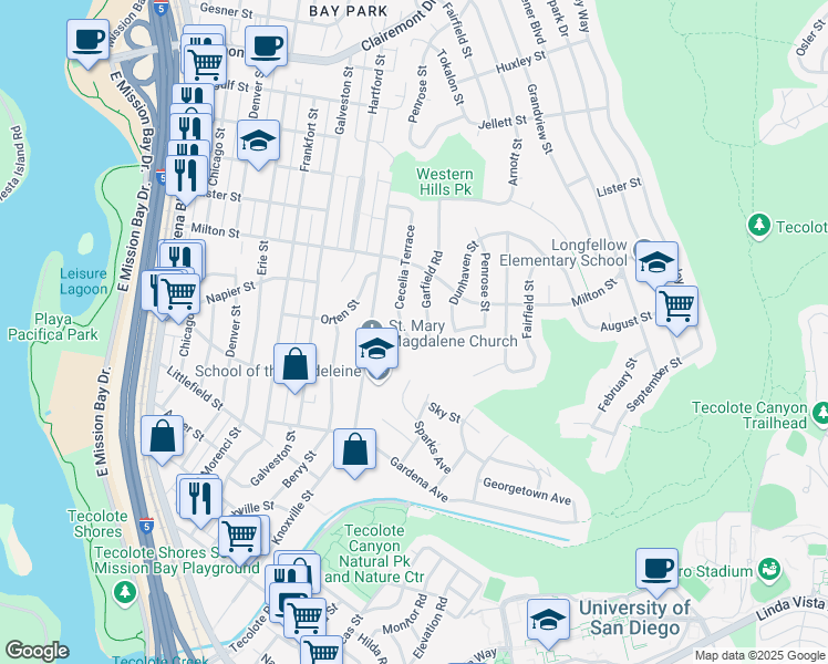 map of restaurants, bars, coffee shops, grocery stores, and more near 2011 Cecelia Terrace in San Diego