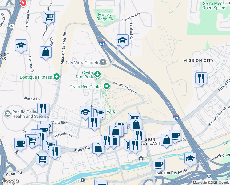 map of restaurants, bars, coffee shops, grocery stores, and more near 2400 Community Drive in San Diego