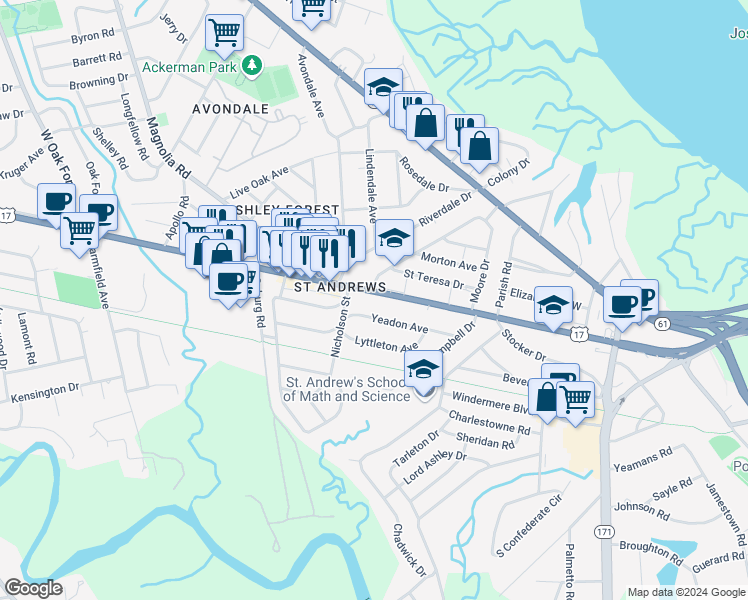 map of restaurants, bars, coffee shops, grocery stores, and more near 20 Yeadon Avenue in Charleston