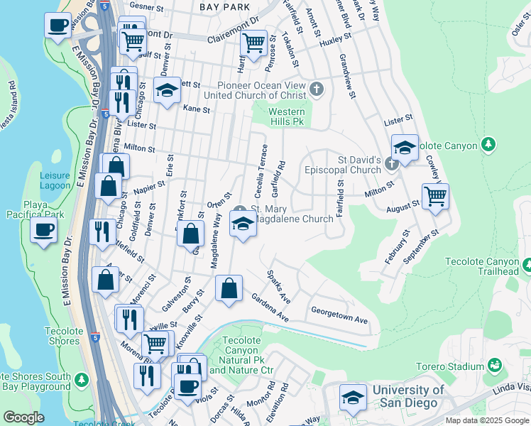 map of restaurants, bars, coffee shops, grocery stores, and more near 2011 Cecelia Terrace in San Diego
