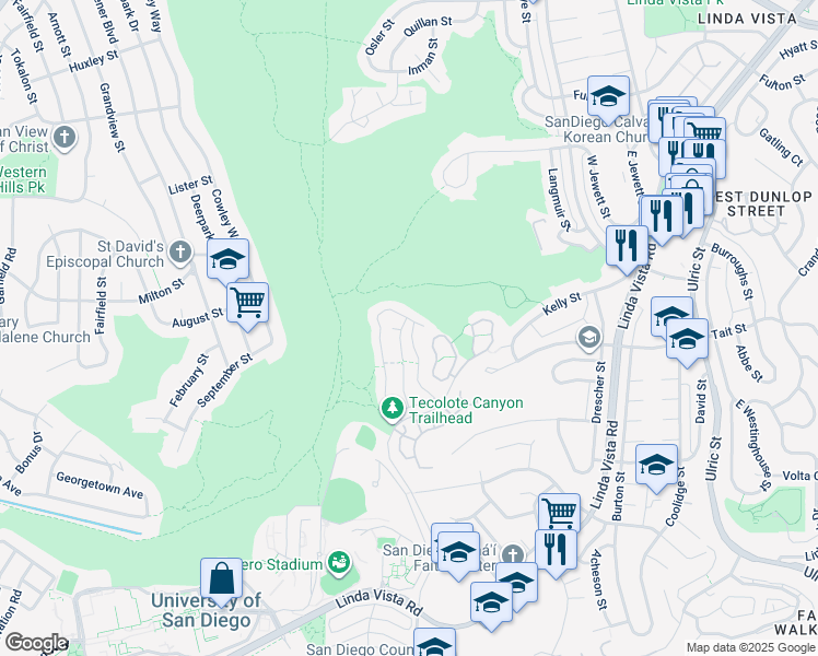 map of restaurants, bars, coffee shops, grocery stores, and more near 6335 Caminito Del Pastel in San Diego