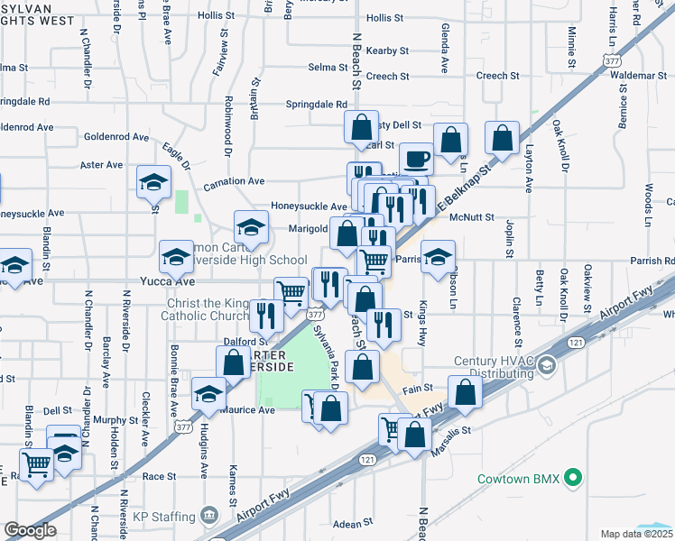 map of restaurants, bars, coffee shops, grocery stores, and more near 3825 Yucca Avenue in Fort Worth