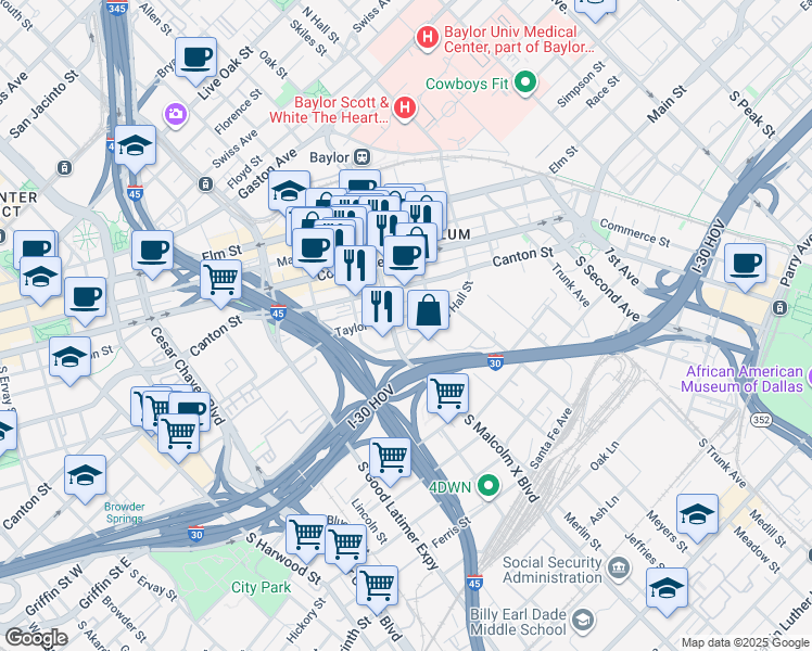 map of restaurants, bars, coffee shops, grocery stores, and more near in Dallas