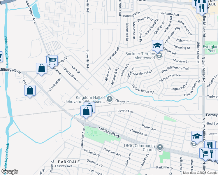 map of restaurants, bars, coffee shops, grocery stores, and more near 4602 Ashbrook Road in Dallas