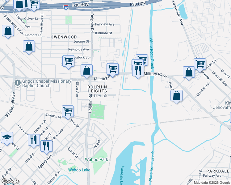 map of restaurants, bars, coffee shops, grocery stores, and more near 3561 Terrell Street in Dallas