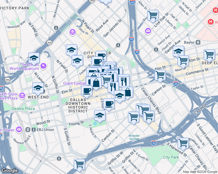map of restaurants, bars, coffee shops, grocery stores, and more near 1898 Main Street in Dallas