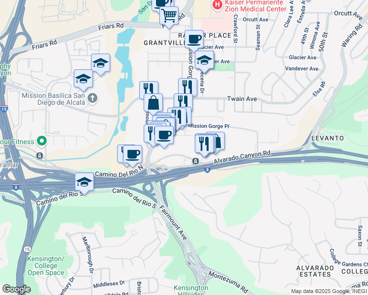 map of restaurants, bars, coffee shops, grocery stores, and more near 5927 Mission Gorge Road in San Diego