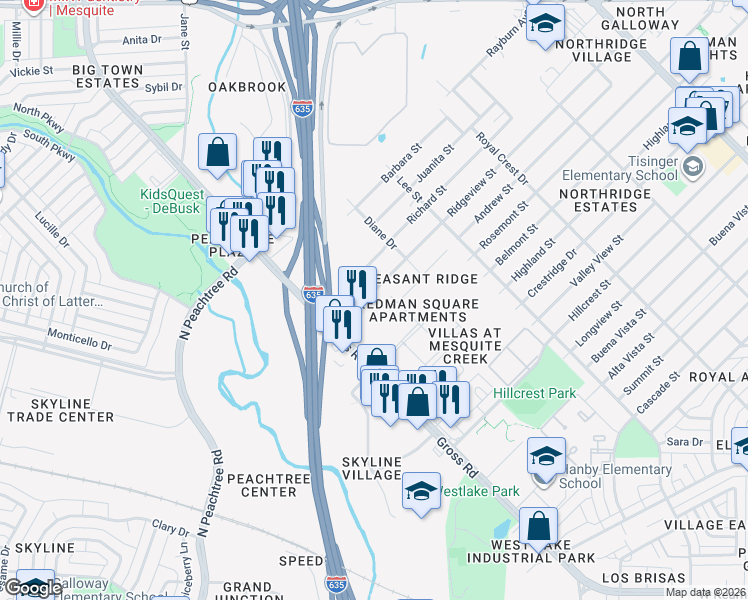 map of restaurants, bars, coffee shops, grocery stores, and more near 1101 Redman Court in Mesquite