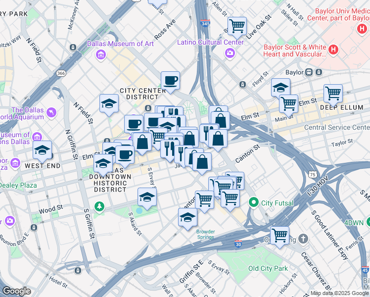 map of restaurants, bars, coffee shops, grocery stores, and more near 106 South Harwood Street in Dallas