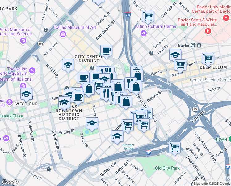 map of restaurants, bars, coffee shops, grocery stores, and more near 106 South Harwood Street in Dallas