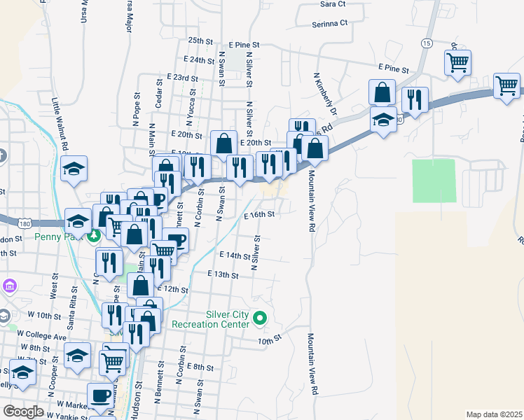 map of restaurants, bars, coffee shops, grocery stores, and more near 900-904 E 16th St in Silver City