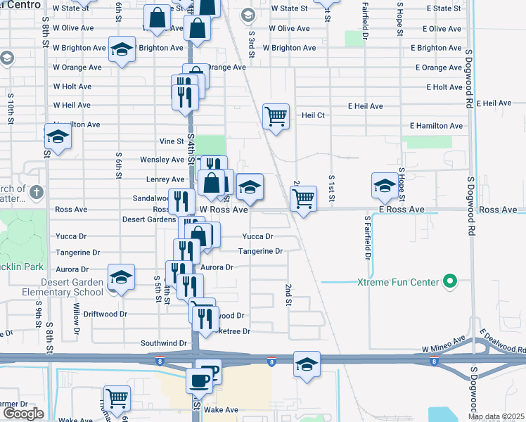 map of restaurants, bars, coffee shops, grocery stores, and more near 205 Ross Avenue in El Centro