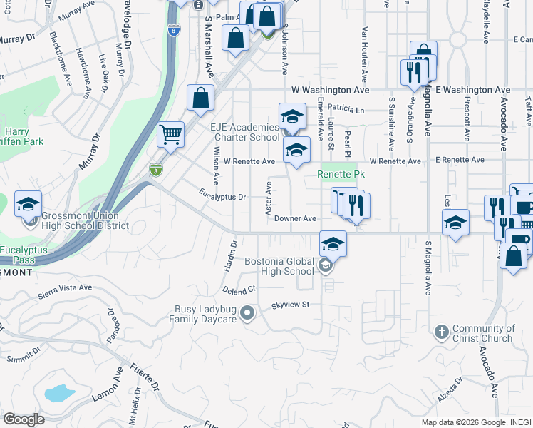 map of restaurants, bars, coffee shops, grocery stores, and more near 755 Downer Avenue in El Cajon