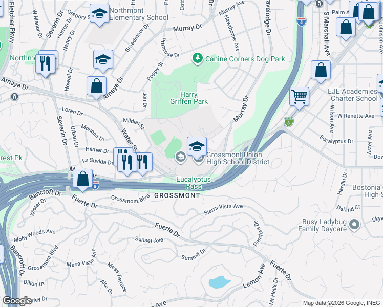 map of restaurants, bars, coffee shops, grocery stores, and more near 1100 Murray Drive in El Cajon