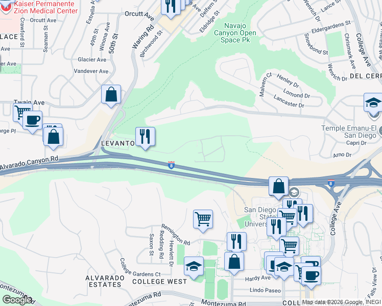map of restaurants, bars, coffee shops, grocery stores, and more near 5523 Adobe Falls Road in San Diego
