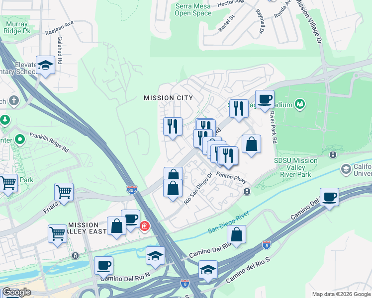 map of restaurants, bars, coffee shops, grocery stores, and more near in San Diego