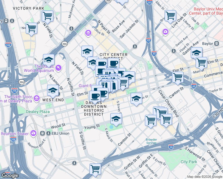 map of restaurants, bars, coffee shops, grocery stores, and more near 1607 Main Street in Dallas