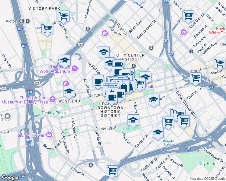 map of restaurants, bars, coffee shops, grocery stores, and more near 201 North Akard Street in Dallas