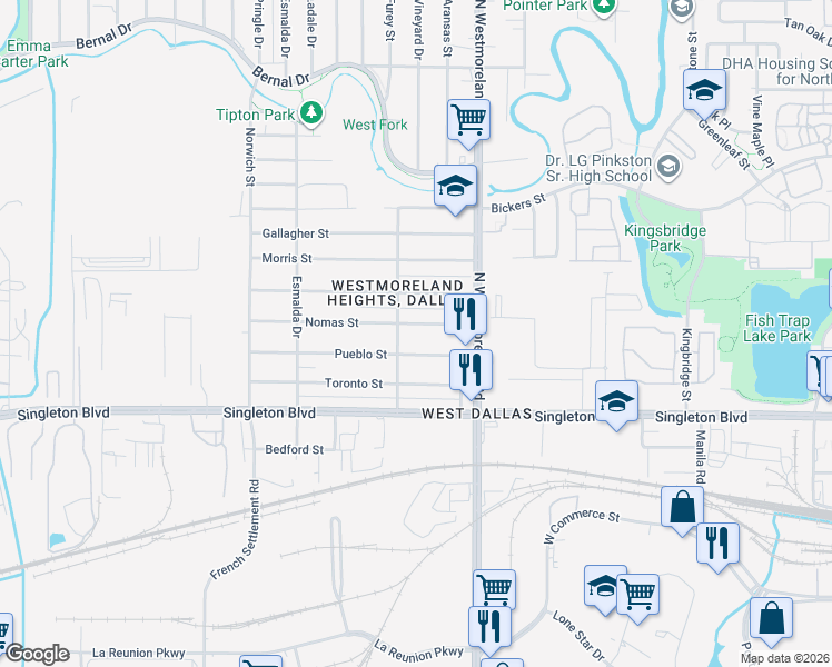 map of restaurants, bars, coffee shops, grocery stores, and more near 3415 Pueblo Street in Dallas