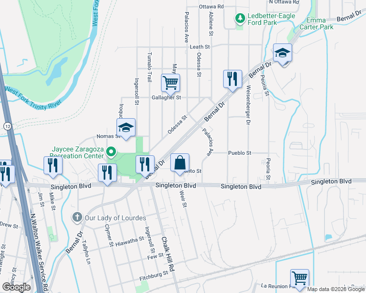 map of restaurants, bars, coffee shops, grocery stores, and more near 4970 Bernal Drive in Dallas